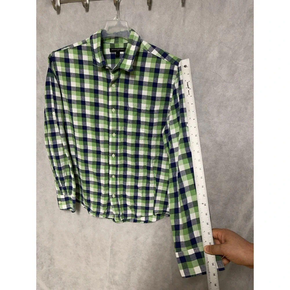 Banana Republic Shirt Men L Green Plaid Linen Cotton Button Up Academia Vacation